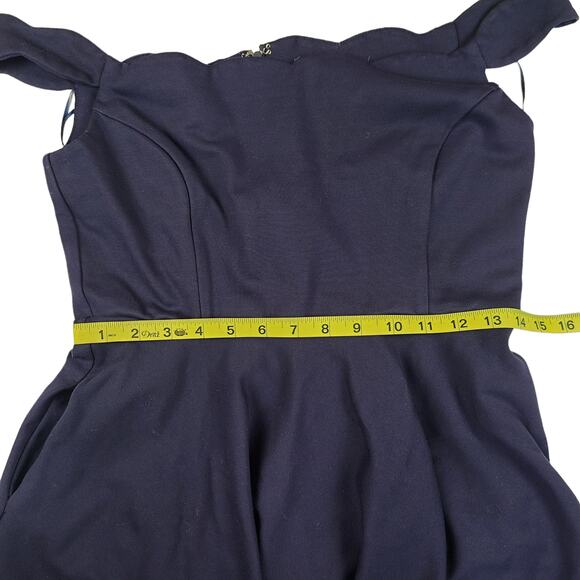 Modcloth Dress Large Off Shoulder Scalloped Collar Blue Navy Pockets - Picture 4 of 5